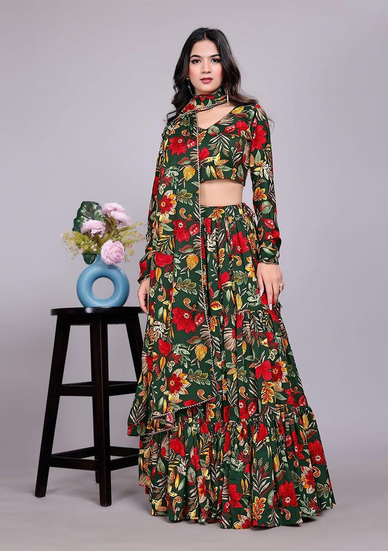 Green Printed Blended Lehenga Choli