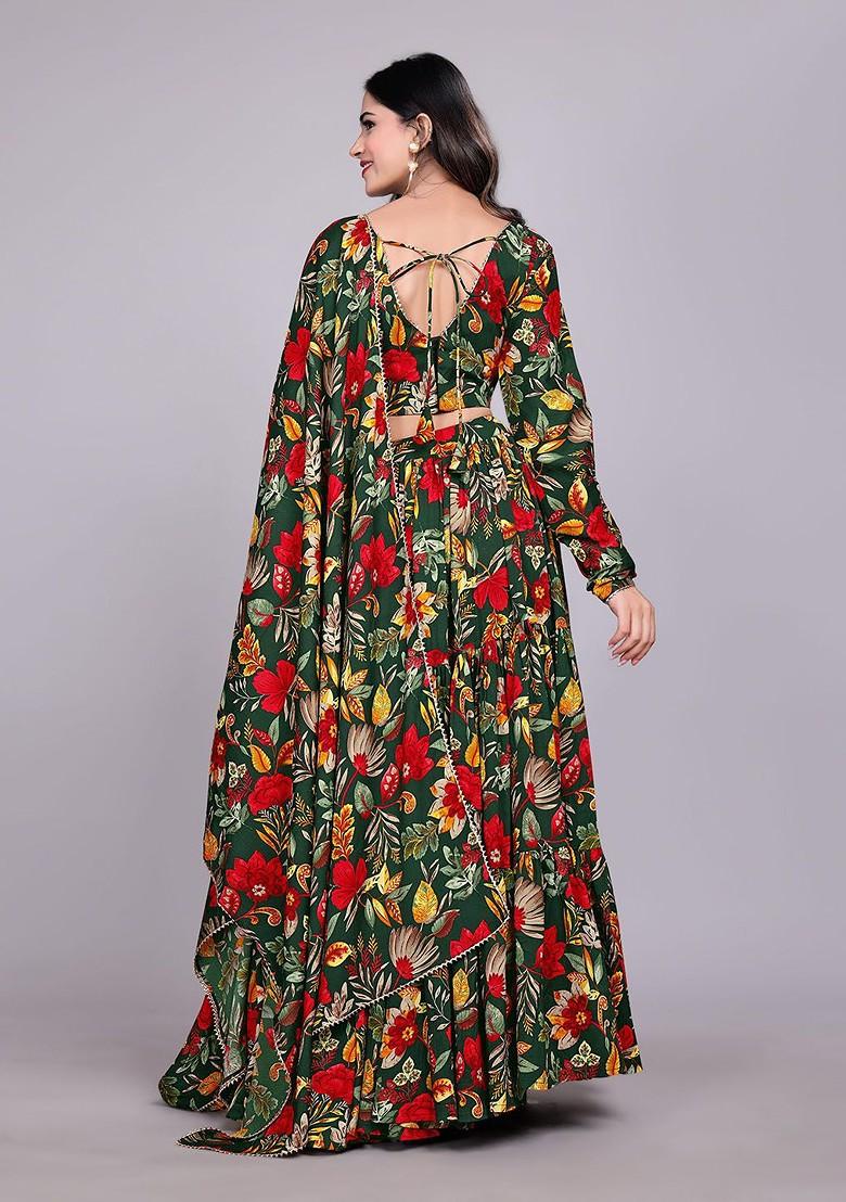 Green Printed Blended Lehenga Choli - Indya