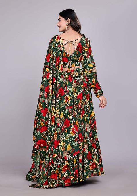 Green Printed Blended Lehenga Choli