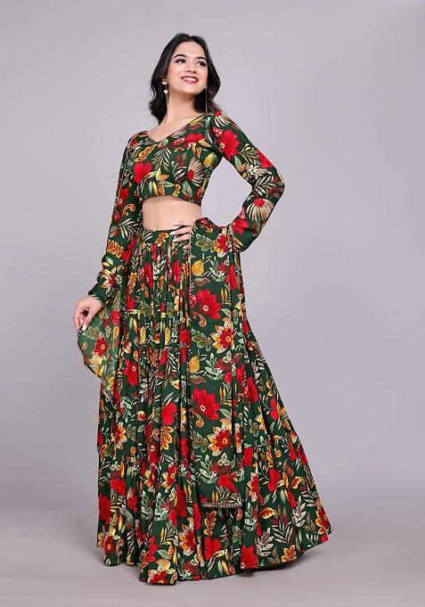 Green Printed Blended Lehenga Choli