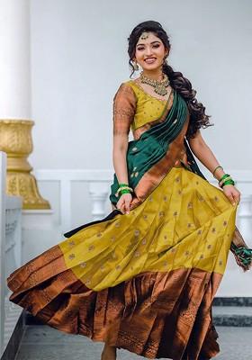 Yellow Woven Design Blended Lehenga Choli
