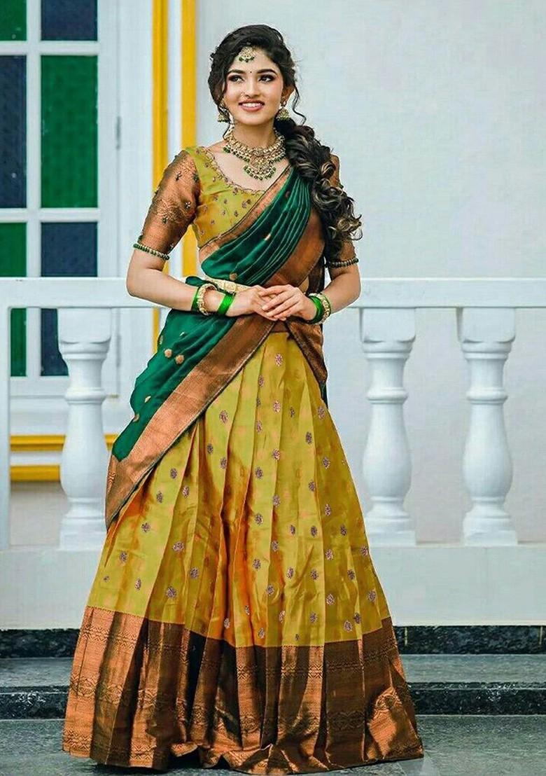Yellow Woven Design Blended Lehenga Choli - Indya