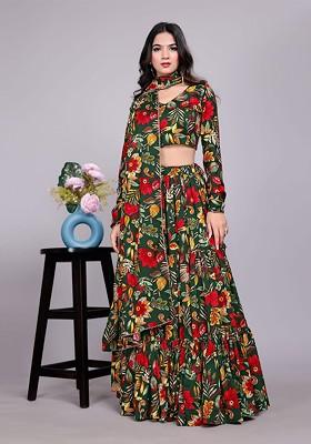 Green Printed Blended Lehenga Choli