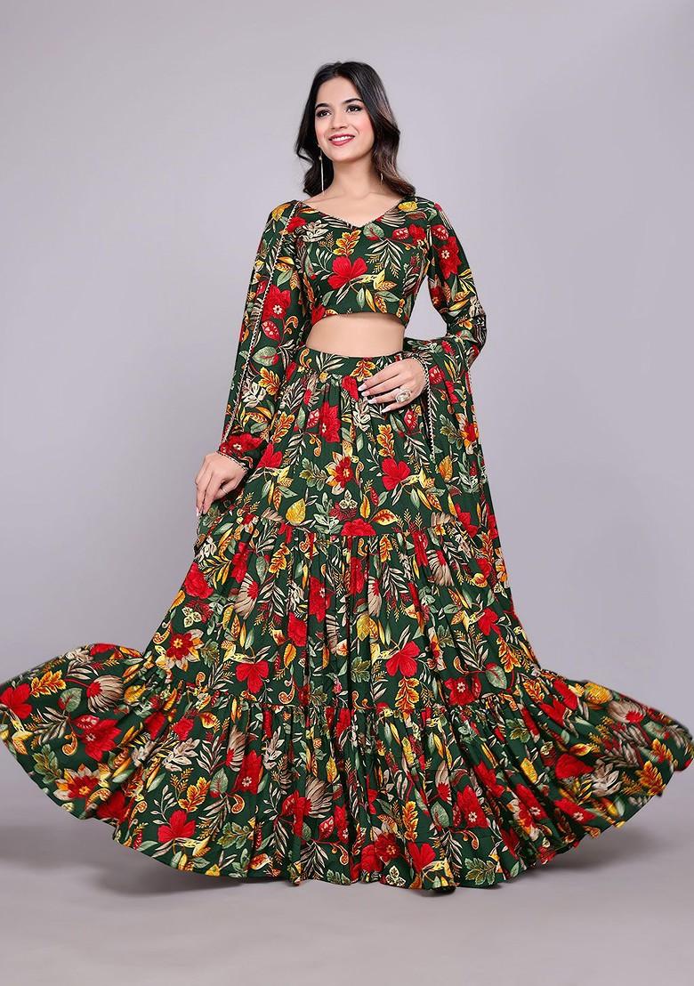 Green Printed Blended Lehenga Choli - Indya