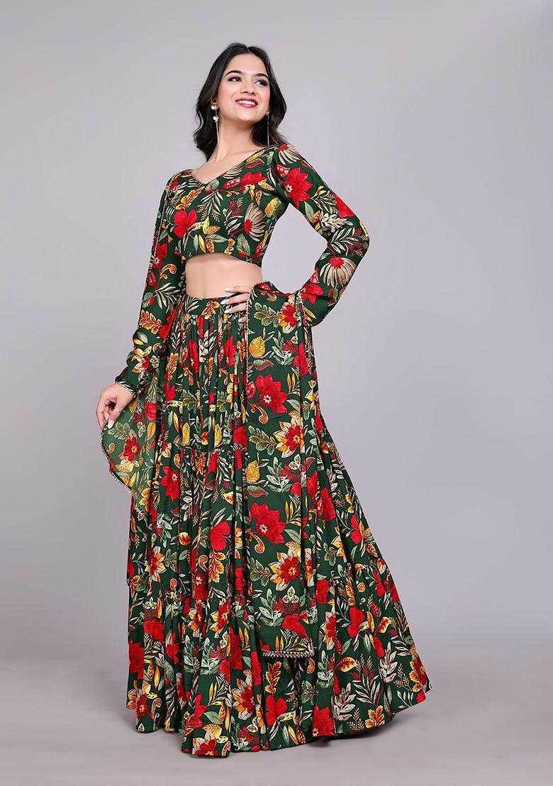 Green Printed Blended Lehenga Choli - Indya