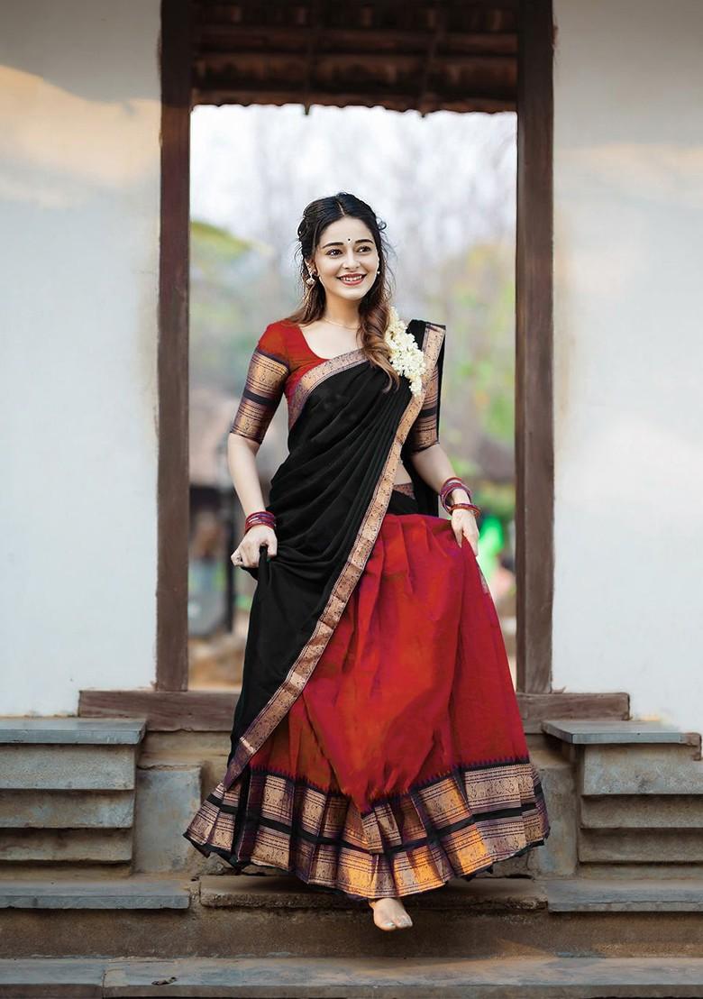 Red Woven Design Blended Lehenga Choli - Indya