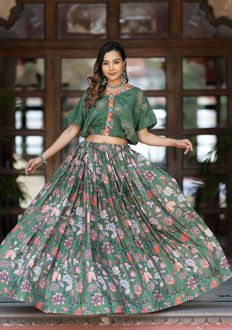Green Printed Blended Lehenga Choli - Indya