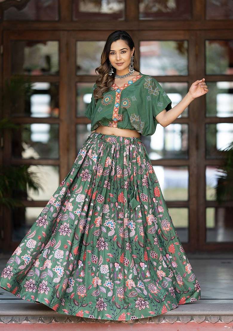 Green Printed Blended Lehenga Choli - Indya