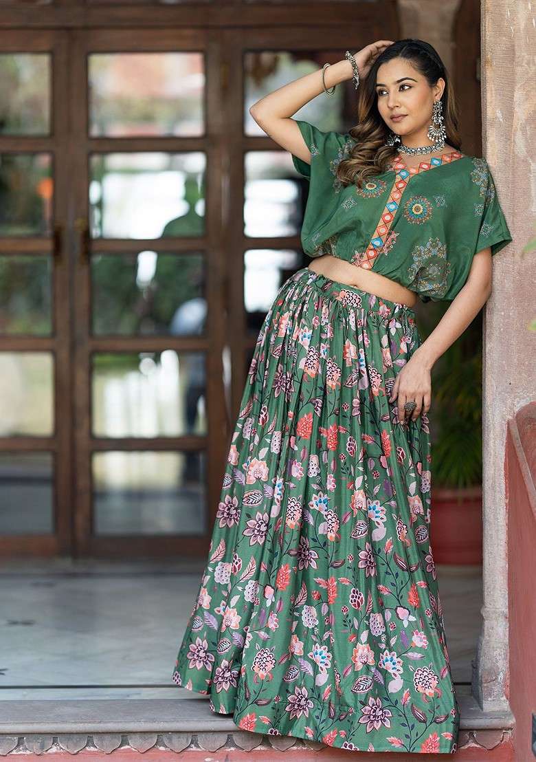Green Printed Blended Lehenga Choli - Indya