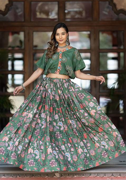Green Printed Blended Lehenga Choli — view on Indya