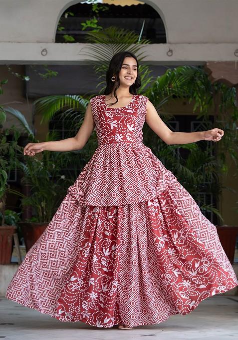 Red Printed Blended Lehenga Choli — view on Indya