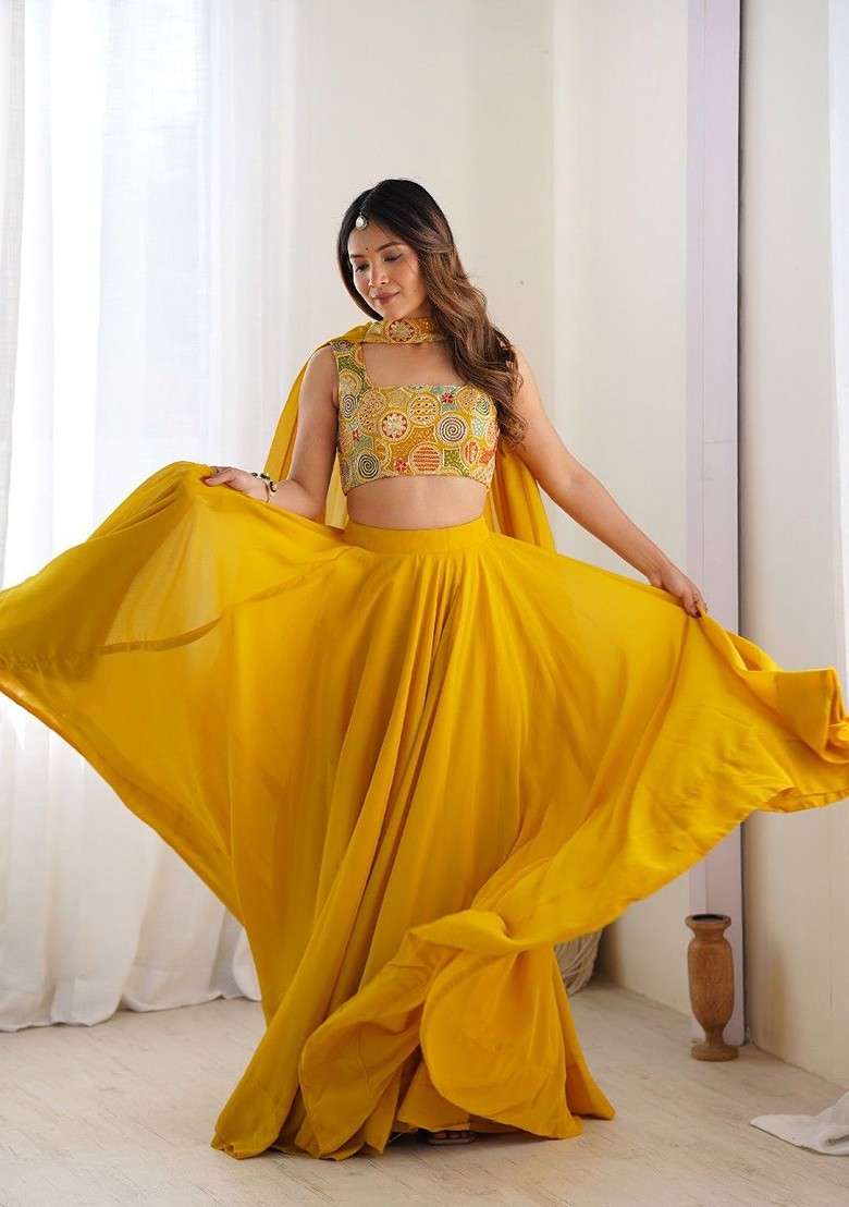 Yellow Emboridered Blended Lehenga Choli - Indya