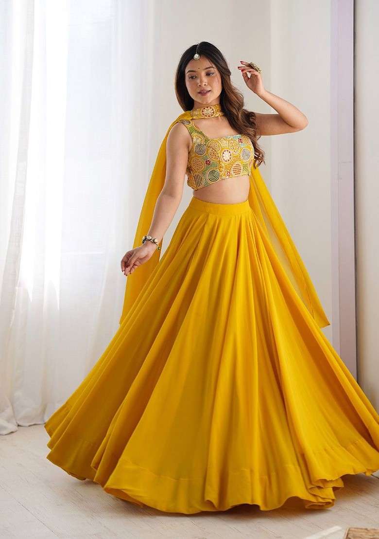 Yellow Emboridered Blended Lehenga Choli - Indya