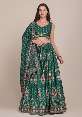 Green Printed Blended Lehenga Choli