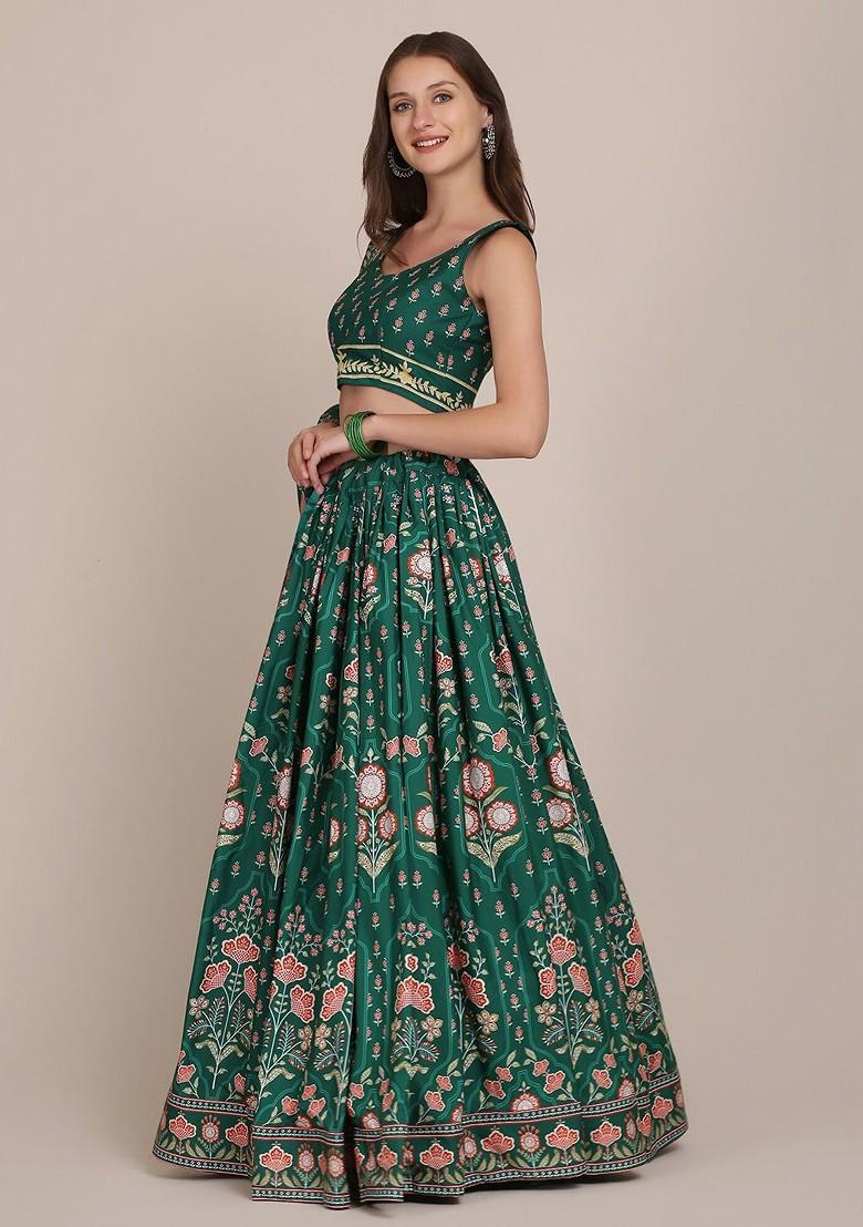 Green Printed Blended Lehenga Choli - Indya