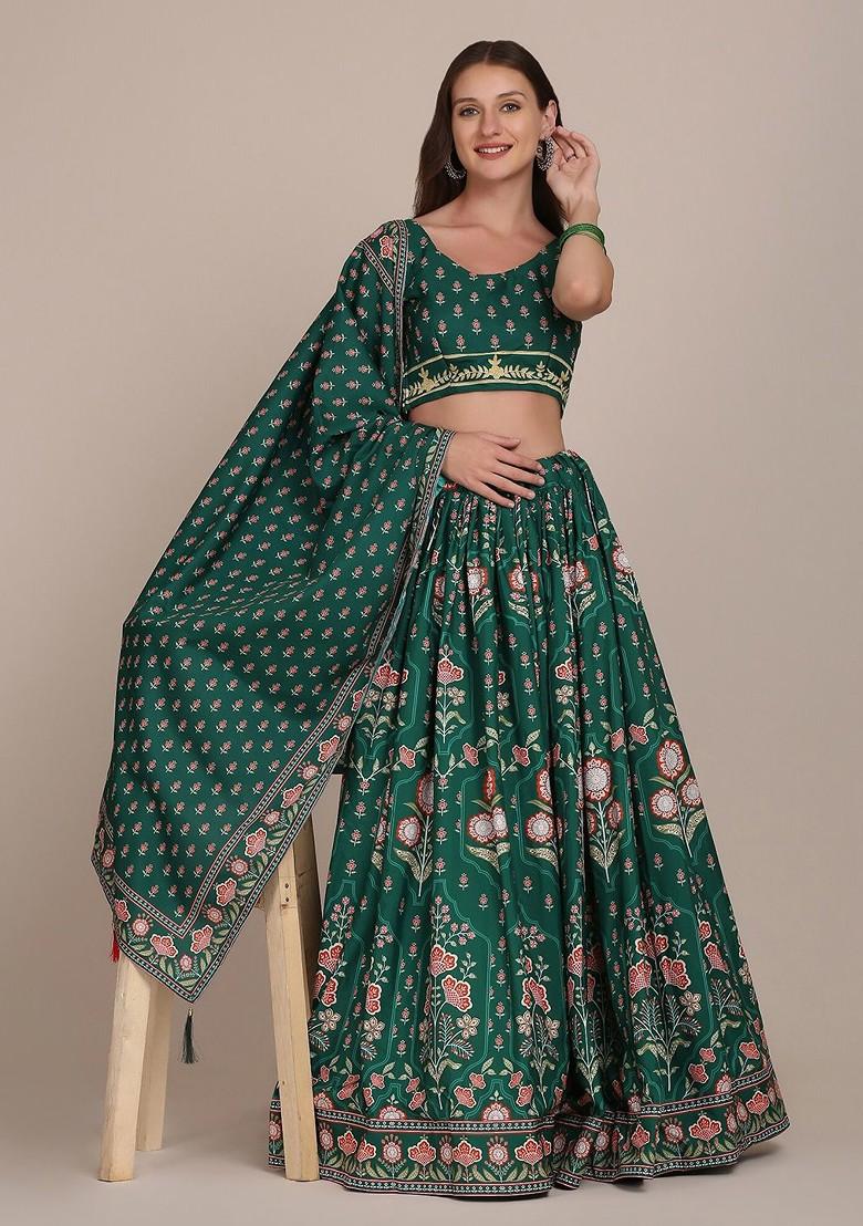 Green Printed Blended Lehenga Choli - Indya