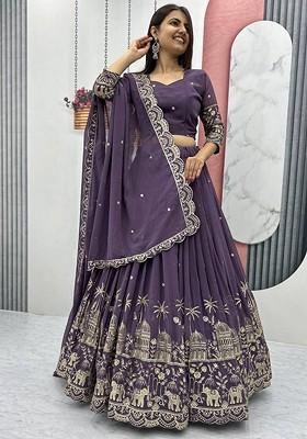Purple Emboridered Blended Lehenga Choli