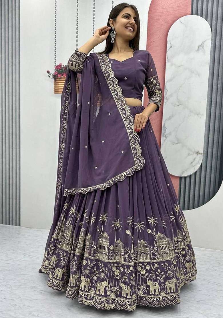 Purple Emboridered Blended Lehenga Choli - Indya