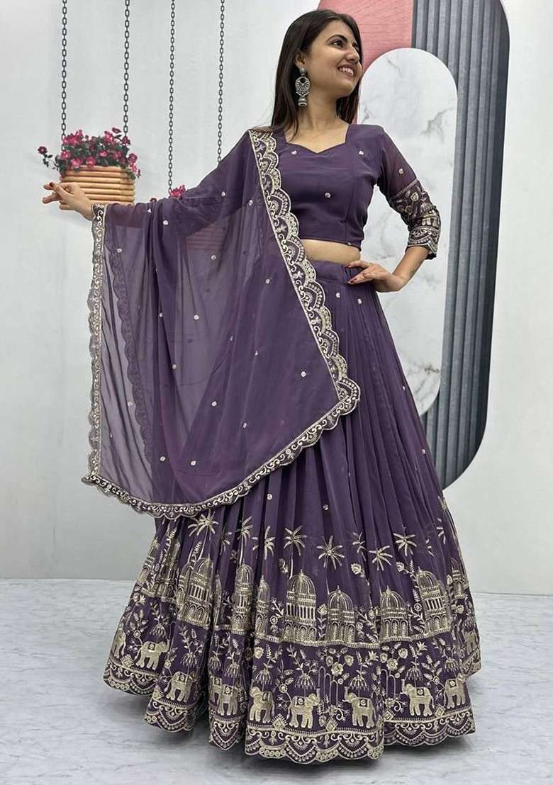 Purple Emboridered Blended Lehenga Choli - Indya