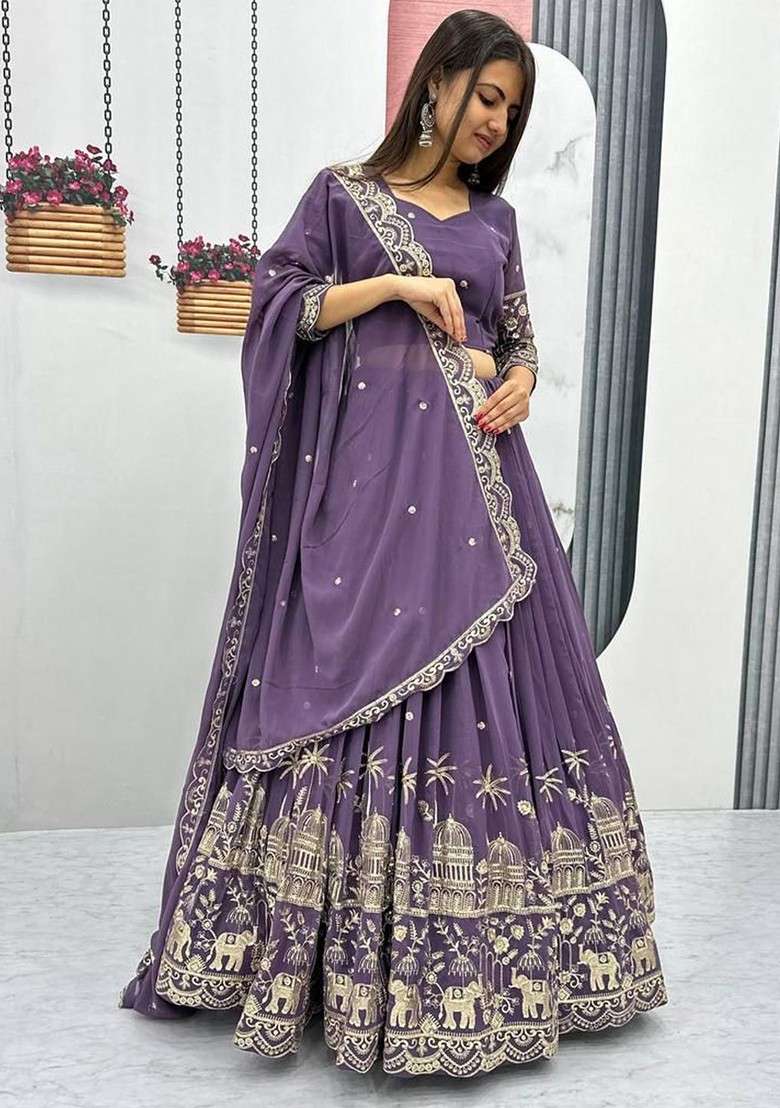 Purple Emboridered Blended Lehenga Choli - Indya