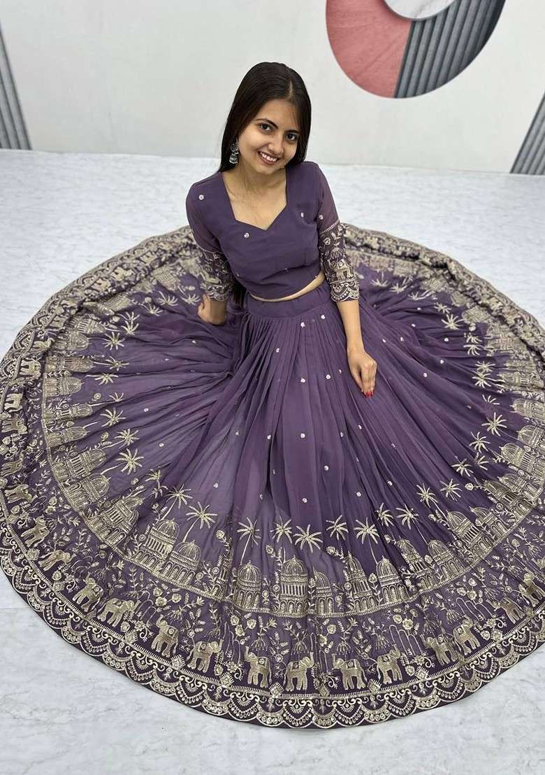 Purple Emboridered Blended Lehenga Choli - Indya