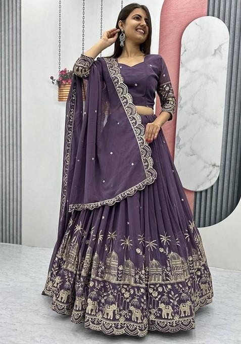 Purple Emboridered Blended Lehenga Choli — view on Indya