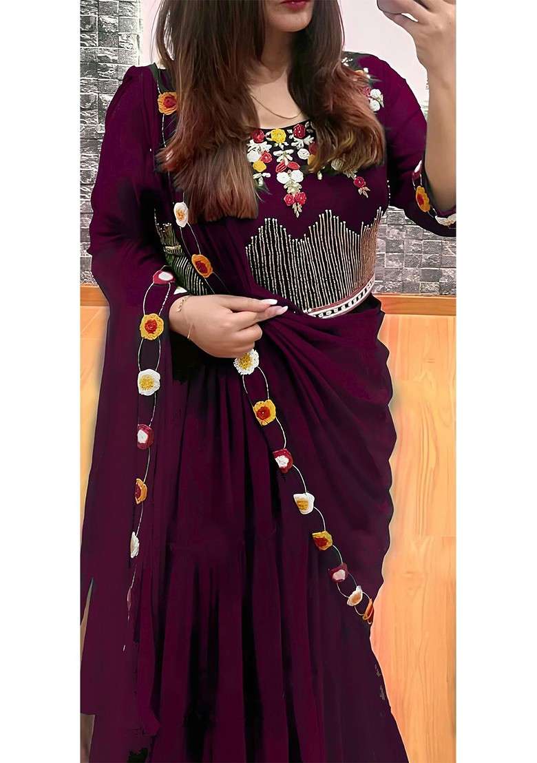 Purple Emboridered Blended Lehenga Choli - Indya