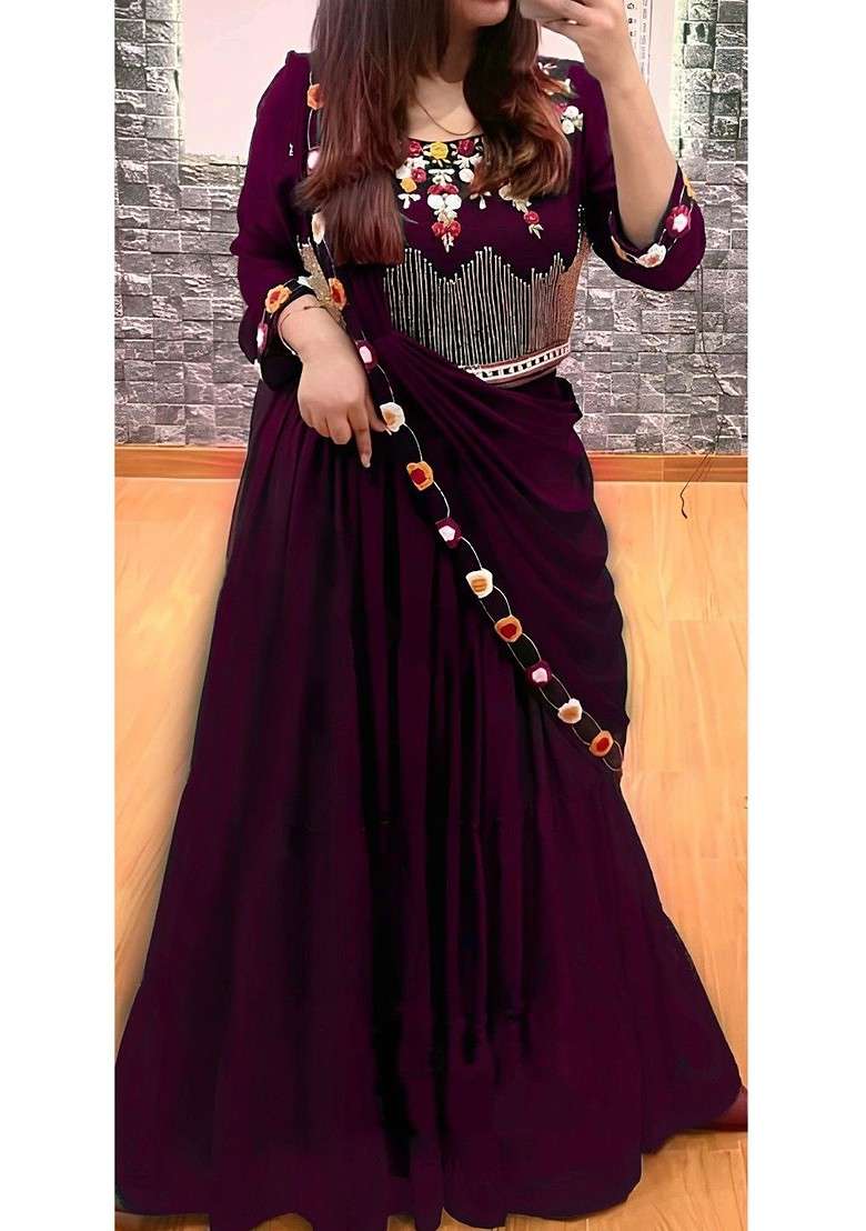 Purple Emboridered Blended Lehenga Choli - Indya