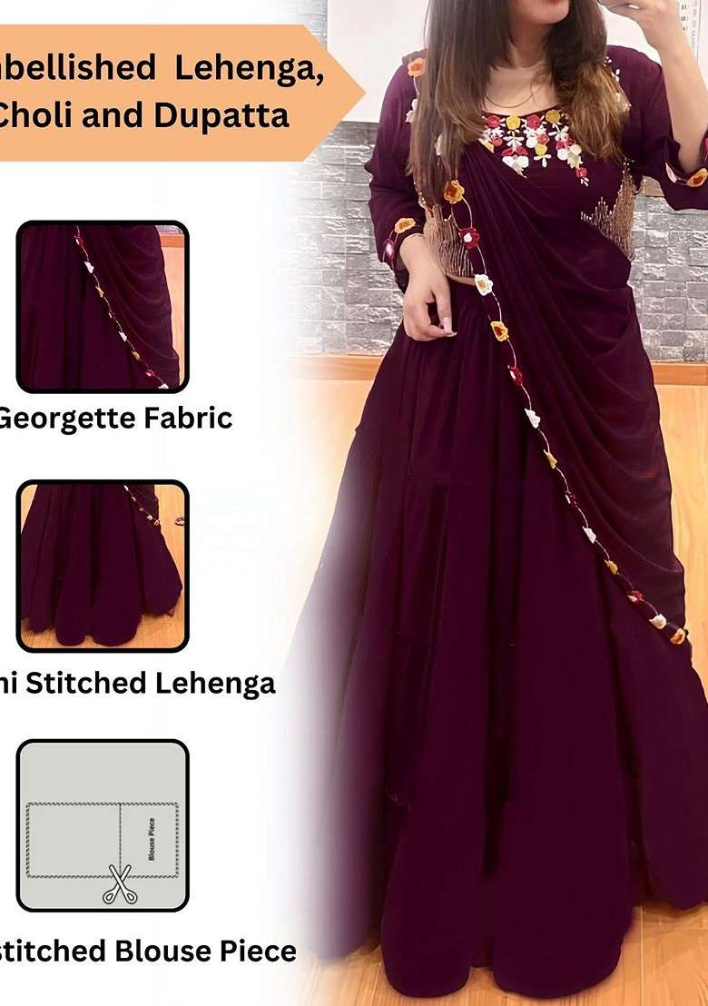 Purple Emboridered Blended Lehenga Choli - Indya