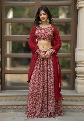 Maroon Printed Blended Lehenga Choli