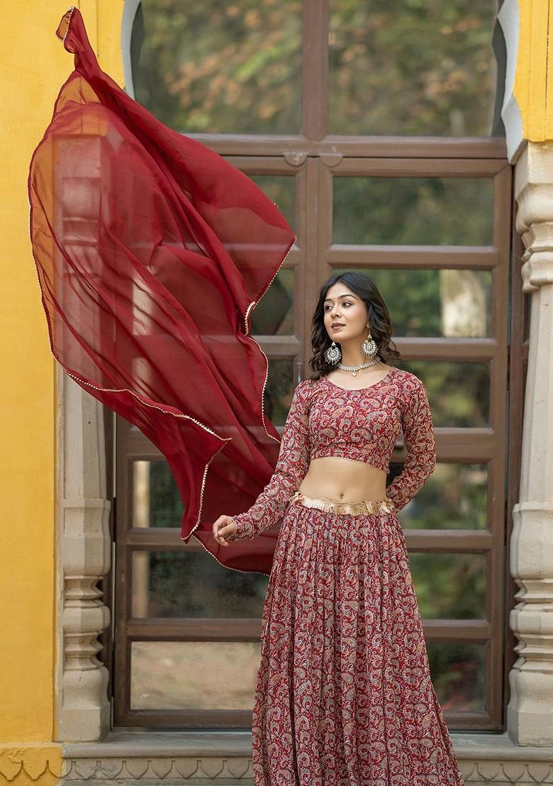 Maroon Printed Blended Lehenga Choli - Indya