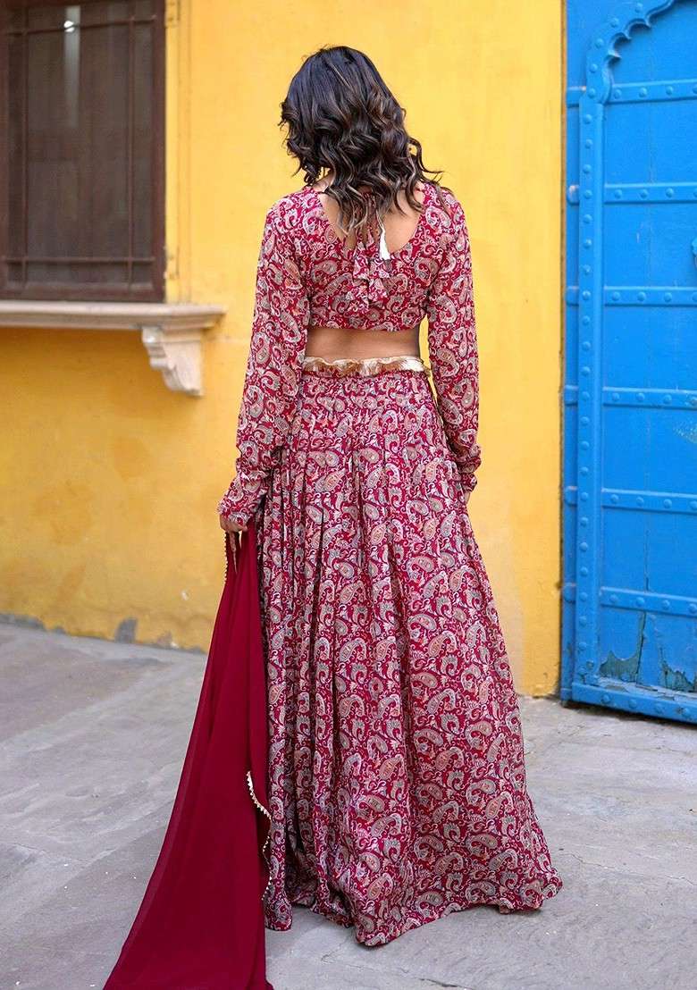 Maroon Printed Blended Lehenga Choli - Indya