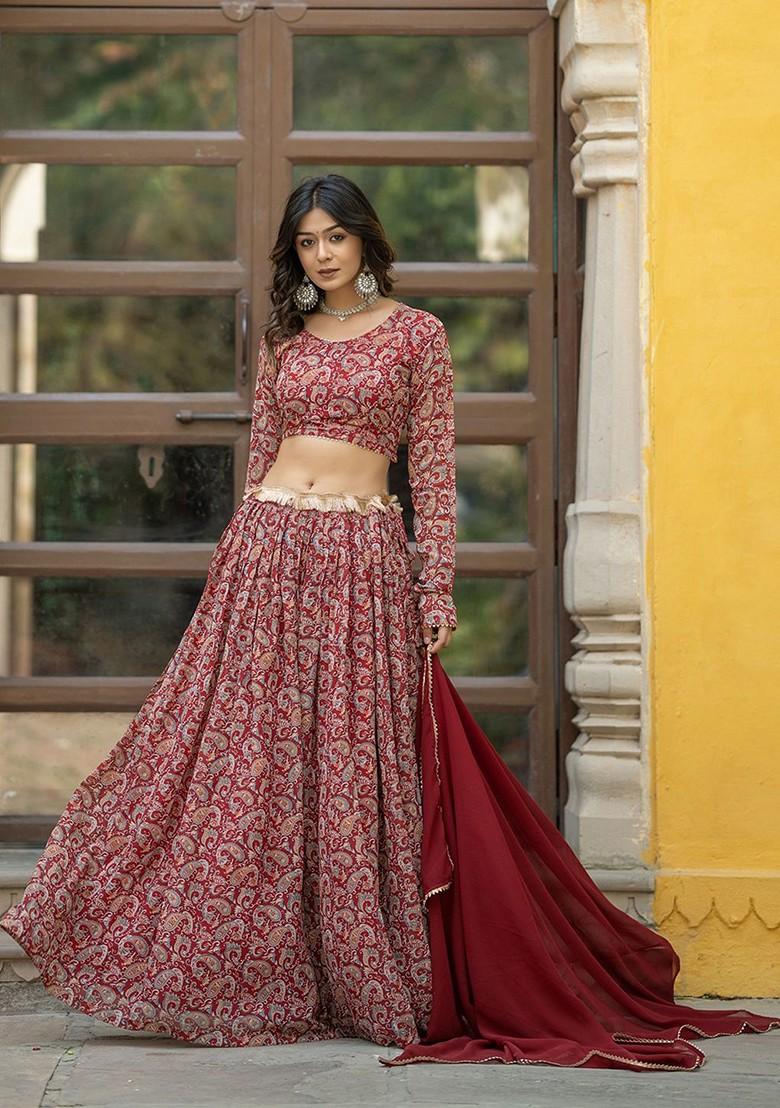Maroon Printed Blended Lehenga Choli - Indya