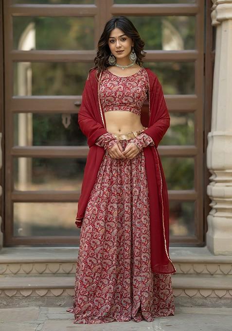 Maroon Printed Blended Lehenga Choli — view on Indya