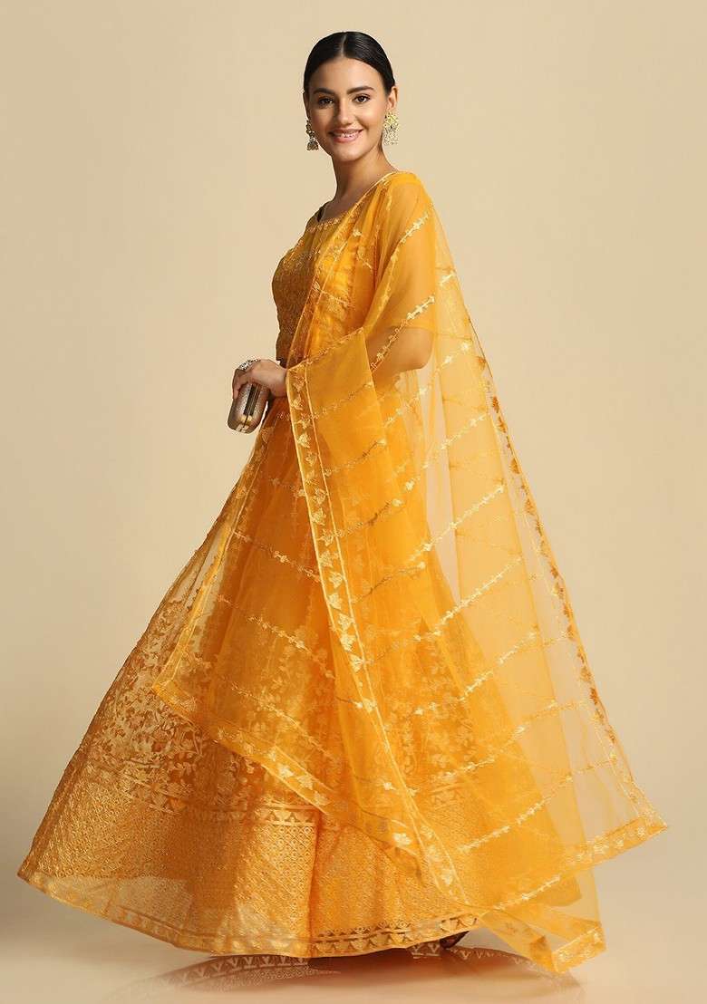 Yellow Emboridered Blended Lehenga Choli - Indya