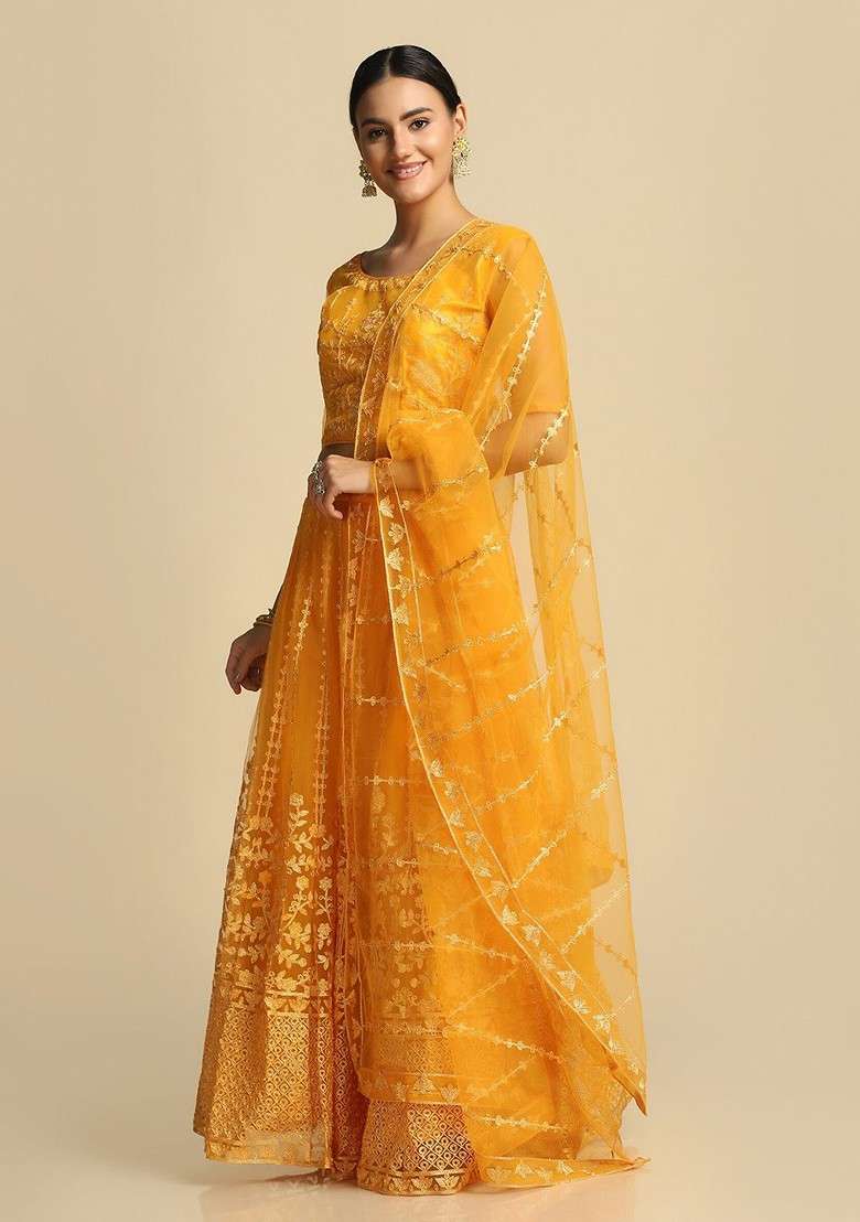Yellow Emboridered Blended Lehenga Choli - Indya
