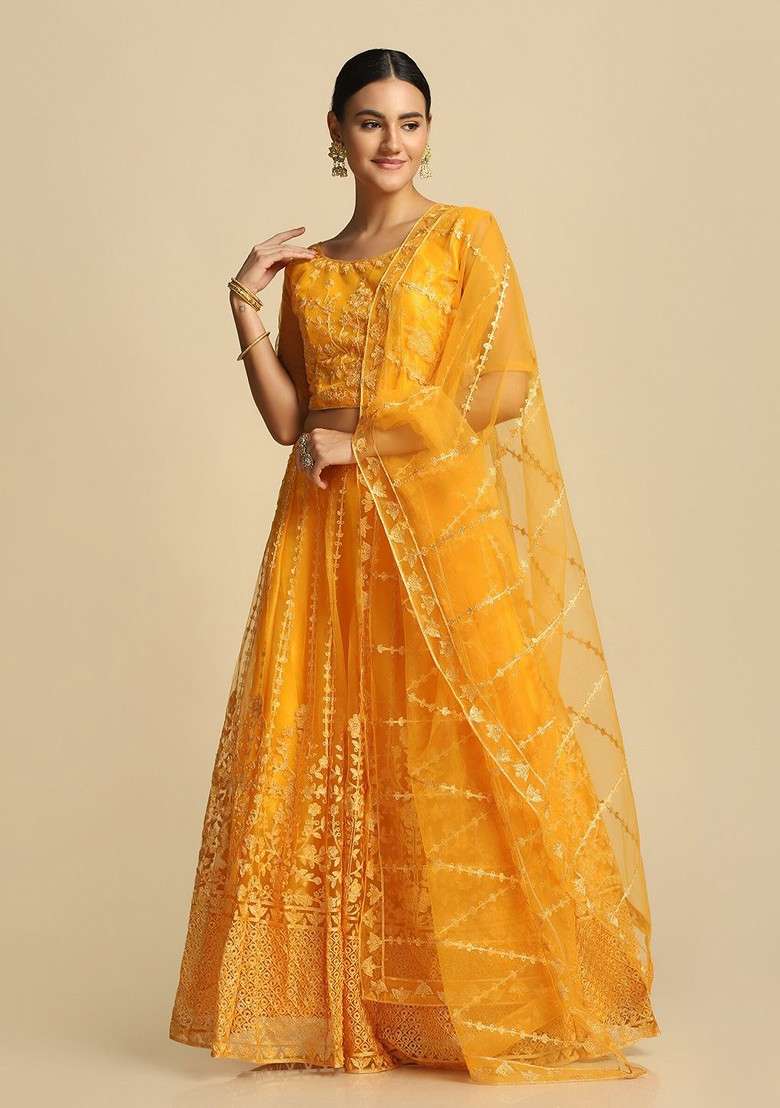 Yellow Emboridered Blended Lehenga Choli - Indya