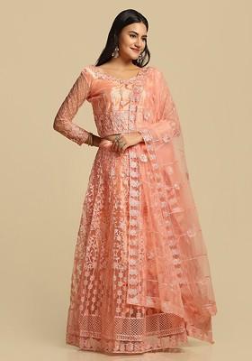 Peach Emboridered Blended Lehenga Choli