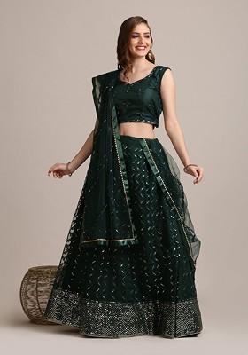 Green Embellished Blended Lehenga Choli