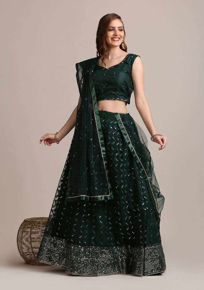 Green Embellished Blended Lehenga Choli - Indya