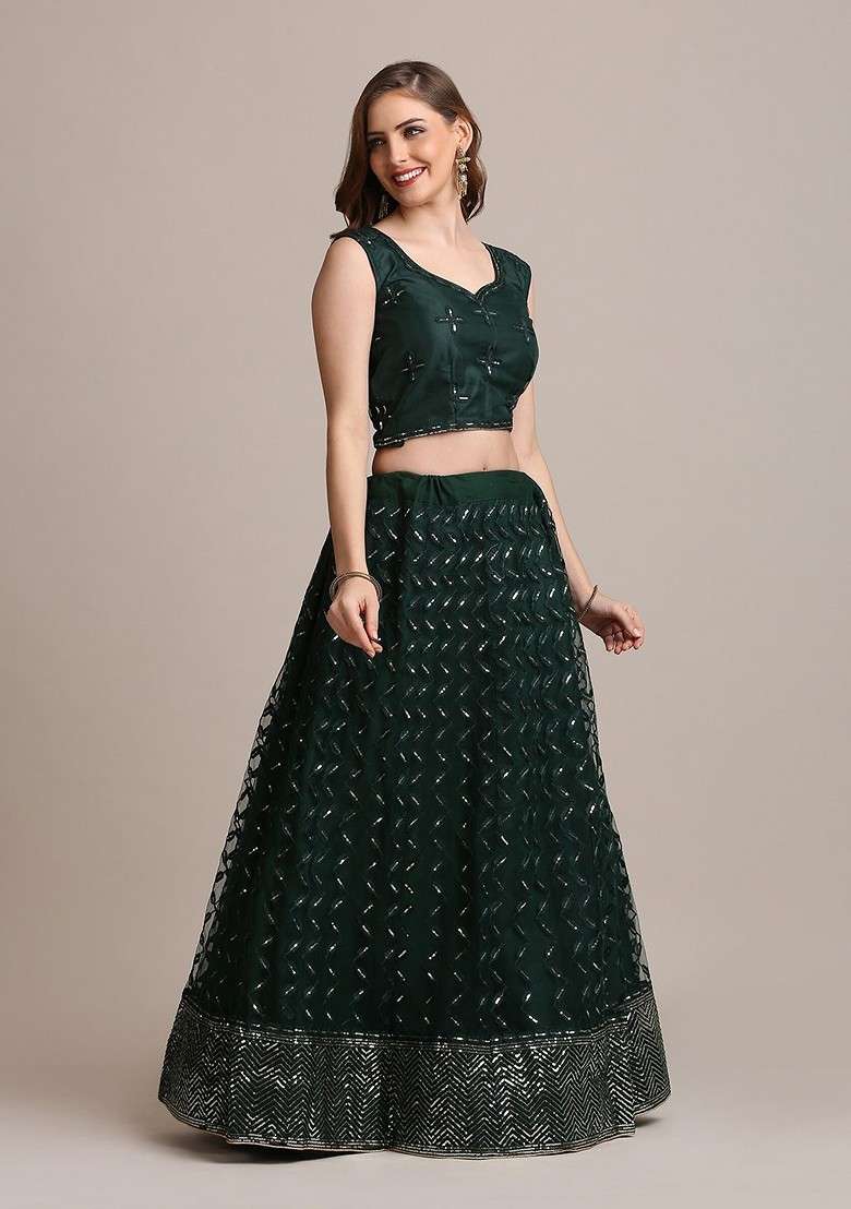 Green Embellished Blended Lehenga Choli - Indya