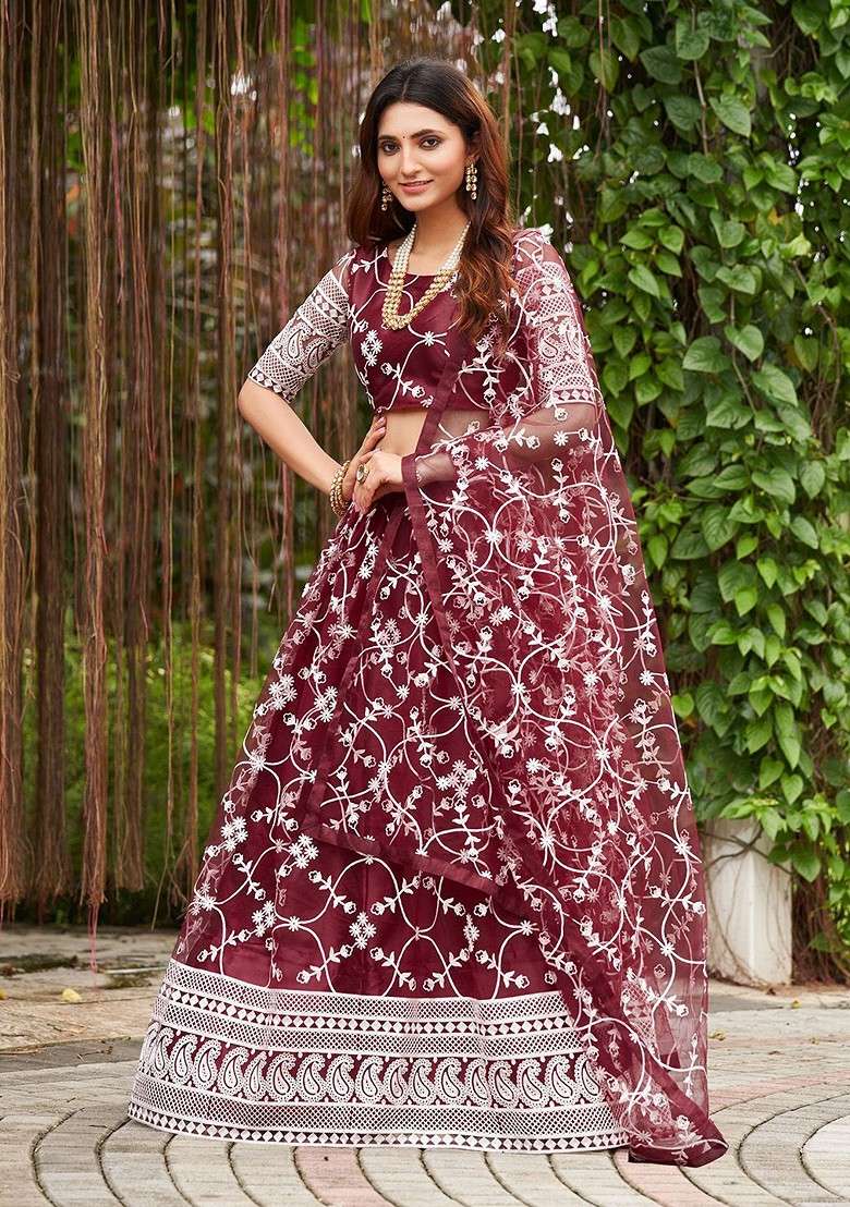 Maroon Emboridered Blended Lehenga Choli - Indya