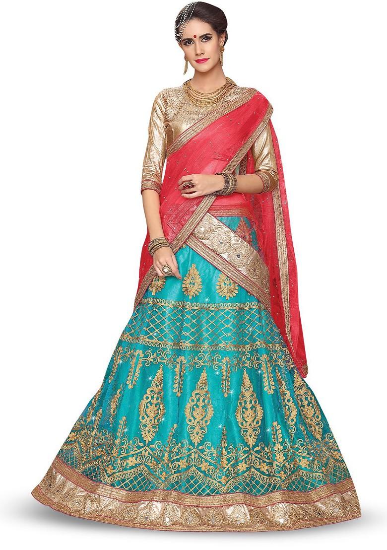 Turquoise Blue Emboridered Blended Lehenga Choli - Indya