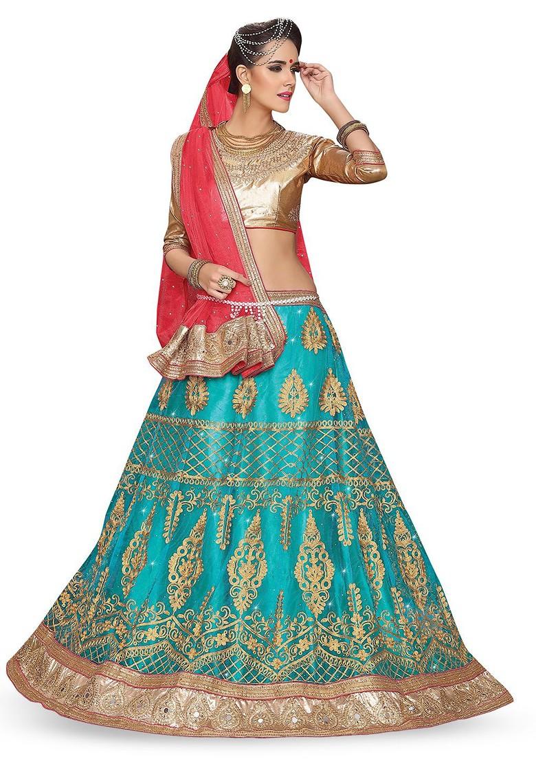 Turquoise Blue Emboridered Blended Lehenga Choli - Indya