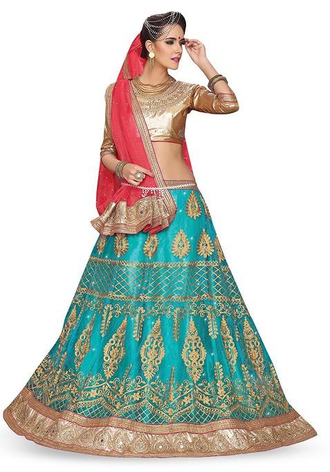 Turquoise Blue Emboridered Blended Lehenga Choli — view on Indya