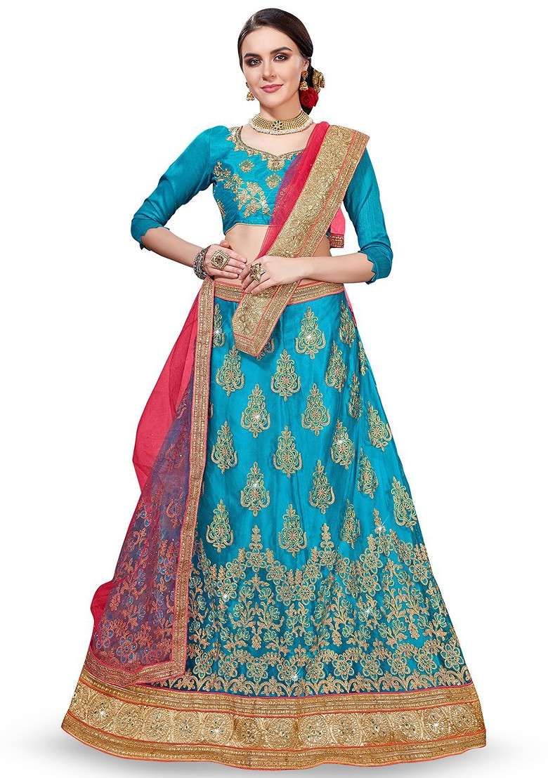 Turquoise Blue Emboridered Blended Lehenga Choli - Indya
