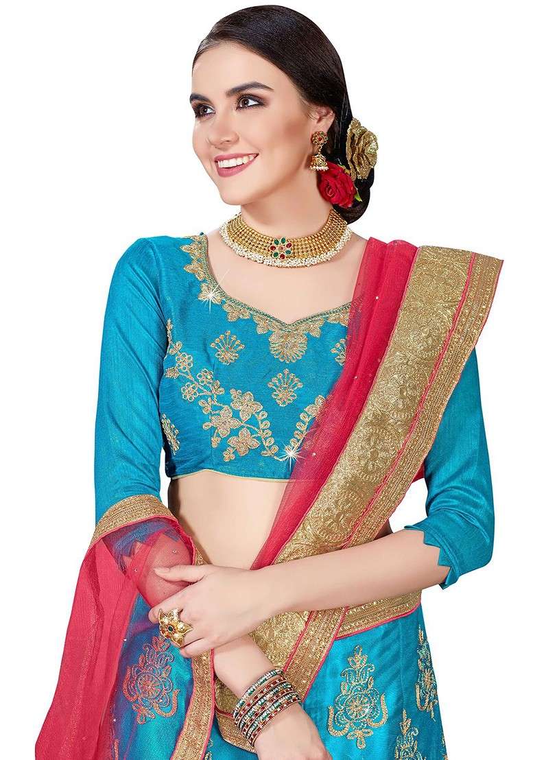 Turquoise Blue Emboridered Blended Lehenga Choli - Indya