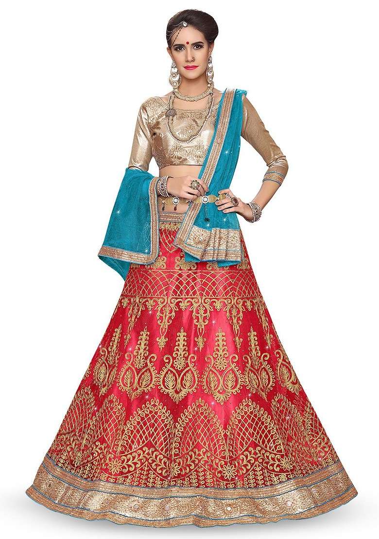 Pink Emboridered Blended Lehenga Choli - Indya