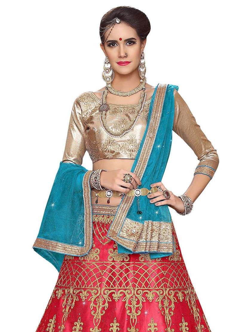 Pink Emboridered Blended Lehenga Choli - Indya
