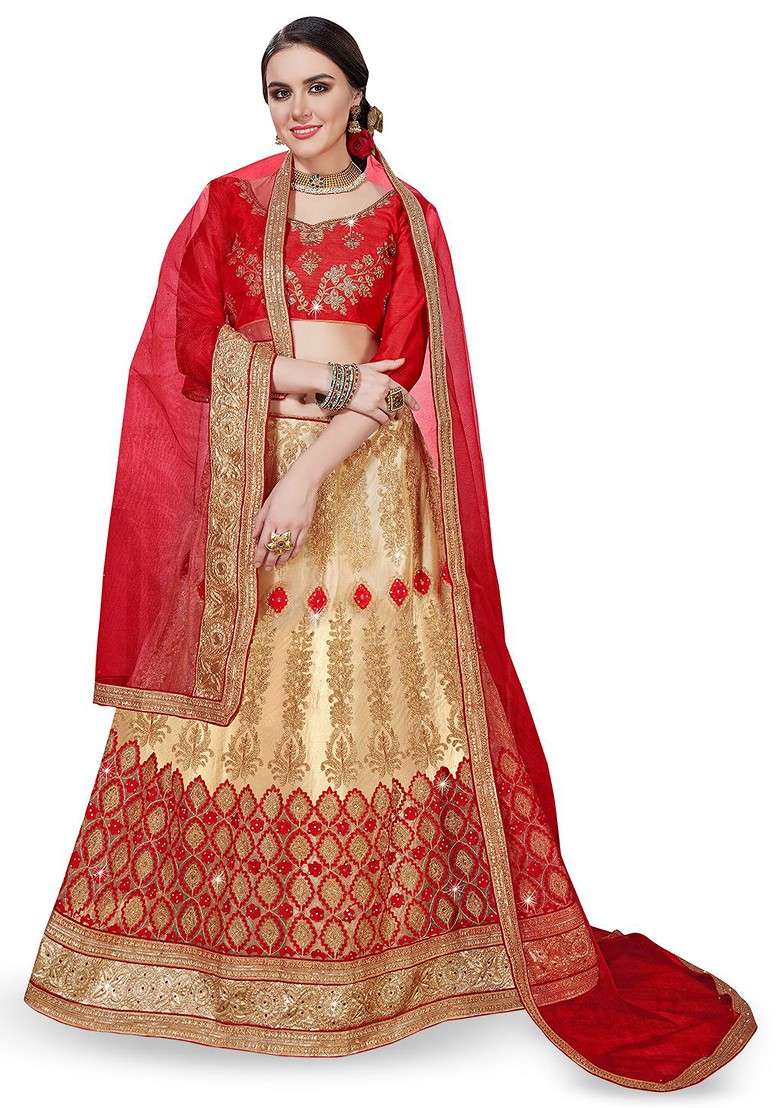 Beige Emboridered Blended Lehenga Choli - Indya